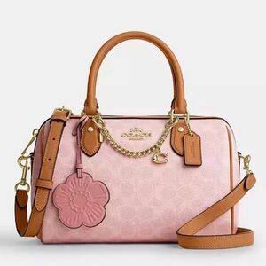 COACH Powder Pink Rowan Satchel Bag In Signature Canvas With Charms, BNWT